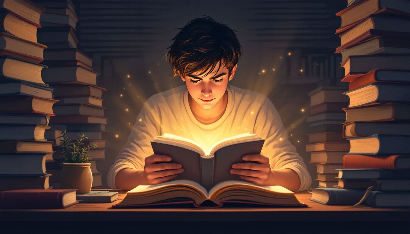 A young man reading the one book that contains all the information.