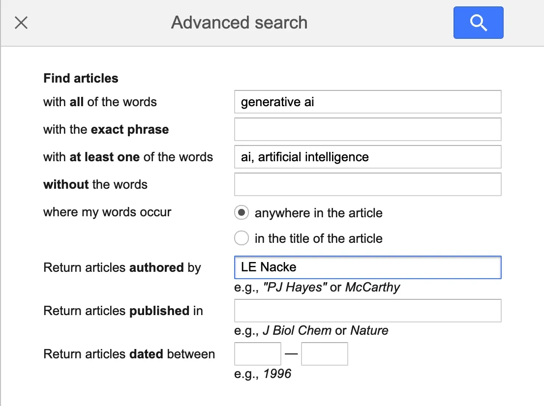 Screenshot of the advanced search UI of Google Scholar.