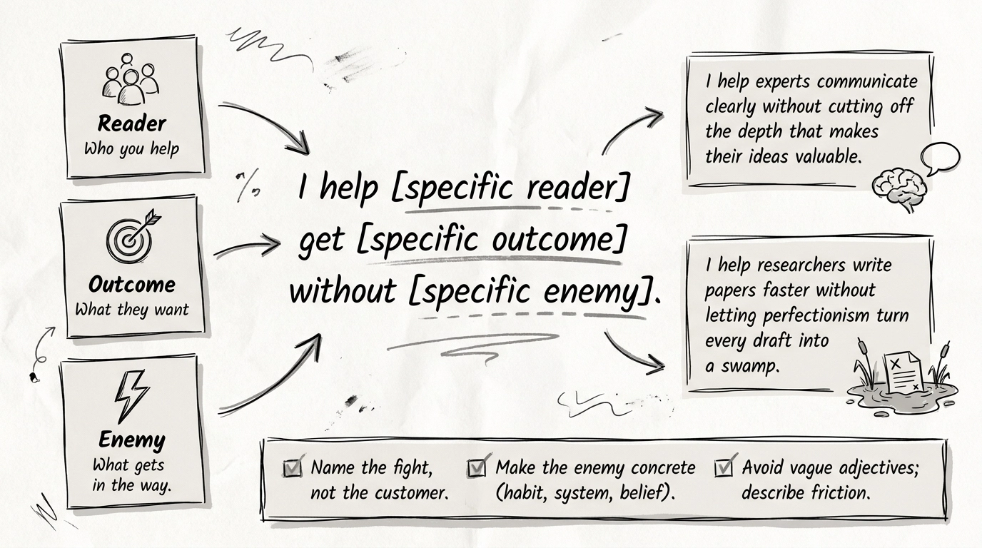 A visual guide outlines a formula for effective communication, highlighting readers, desired outcomes, and obstacles to avoid.