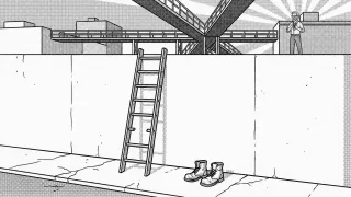 A ladder leans against a wall with a pair of boots nearby, set against a backdrop of intersecting elevated walkways and a distant figure.
