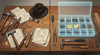 A toolkit on a workbench.