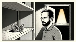 A man with a beard stands near a pomegranate on a shelf, looking contemplative towards a brightly lit doorway.