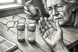 An elderly person examines prescription bottles on a table, appearing contemplative about their medication and health. Glasses and a newspaper are nearby.