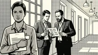 A woman stands holding documents, while two men in suits discuss papers and coffee in a well-lit hallway.