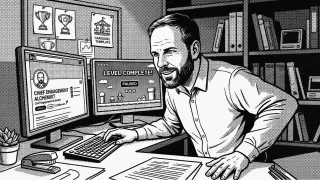 A man focused on two computer screens displays a gaming achievement and a LinkedIn profile, working in an office filled with books.