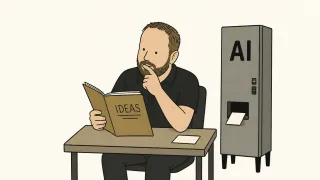 A man sits at a desk reading a book titled "IDEAS," pondering while an AI vending machine stands nearby, ready to dispense ideas.