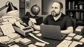 A man examines index cards at a cluttered desk with stacks of notes, a laptop, and a globe in a study-like environment.
