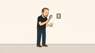 A man inspects a framed note on the wall with a magnifying glass while holding another note in his hand.