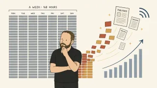A thoughtful person stands beside a chart showing time management, with published materials and a rising graph symbolizing productivity.