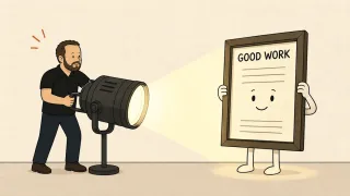 A man shines a spotlight on a cheerful character holding a framed certificate that reads "GOOD WORK."